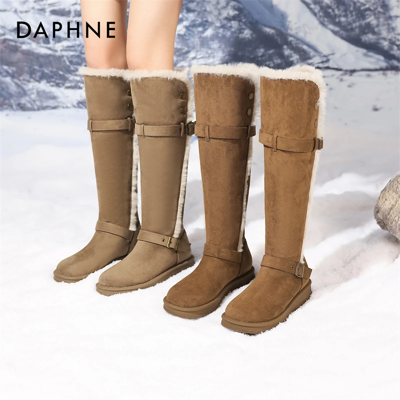 达芙妮2025女式时尚休闲百搭加绒平底保暖过膝圆头套脚冬季雪地靴