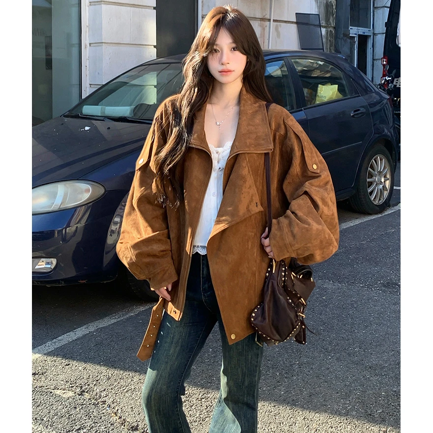 复古街头麂皮绒机车外套女秋季新款美式高级感宽松休闲夹克上衣潮