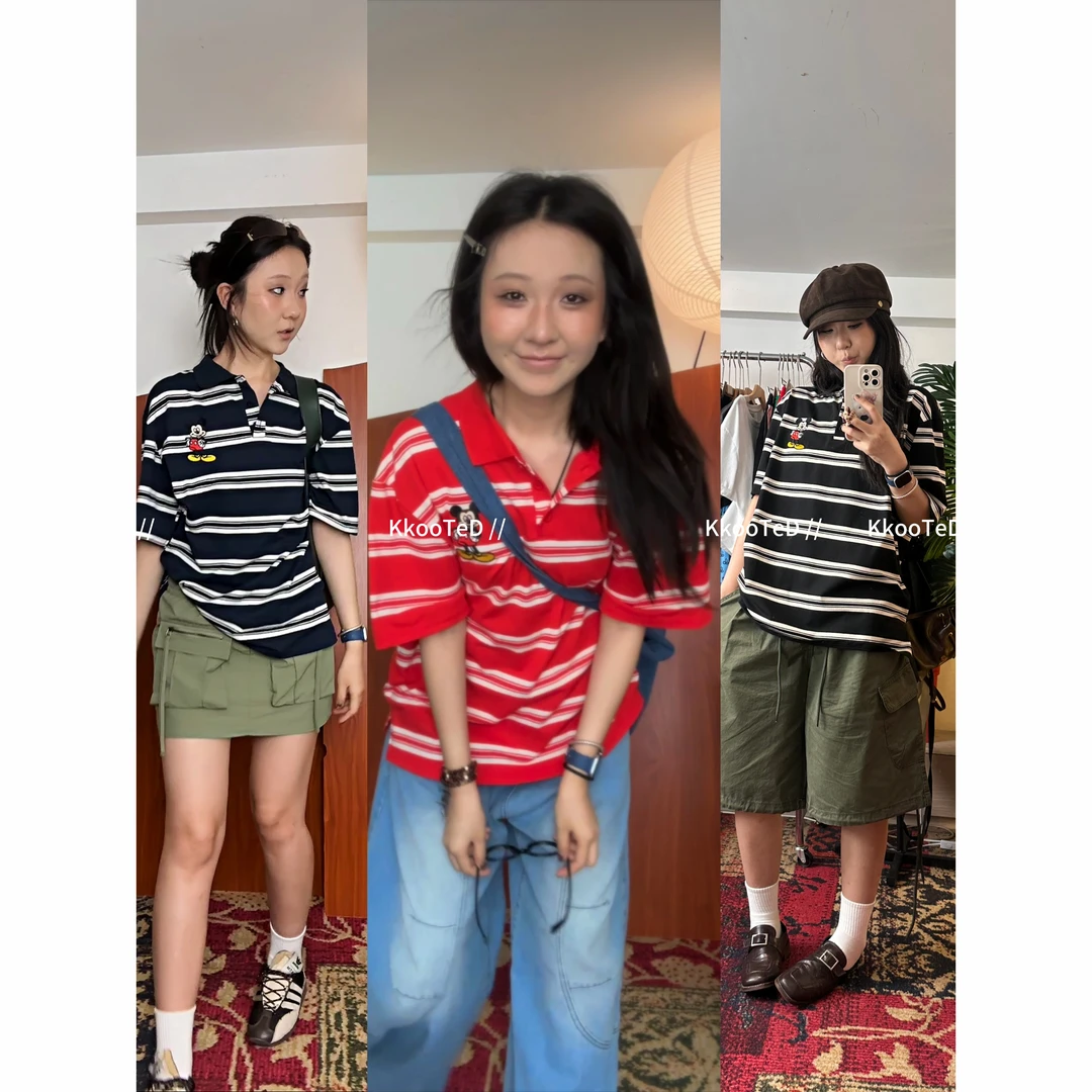 KkK【米奇出游】撞色条纹 polo复古宽松廓形T恤