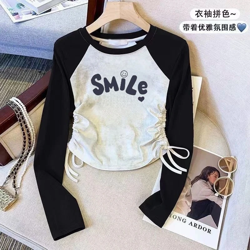 韩系潮流女童宝宝撞色纯棉长袖T恤2025春秋爆款中大童抽绳上衣ins