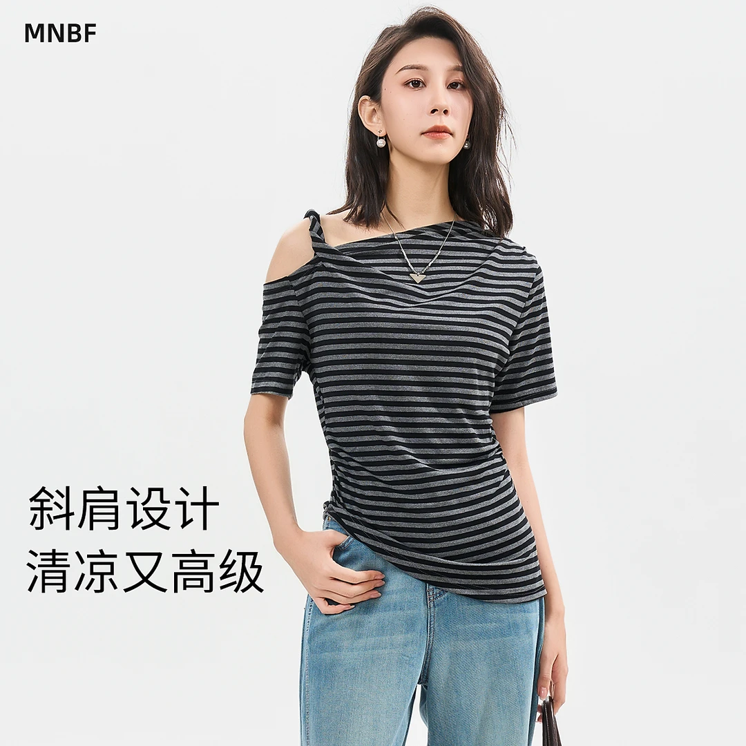 修身斜肩条纹时尚T恤短袖上衣DMGBT121053