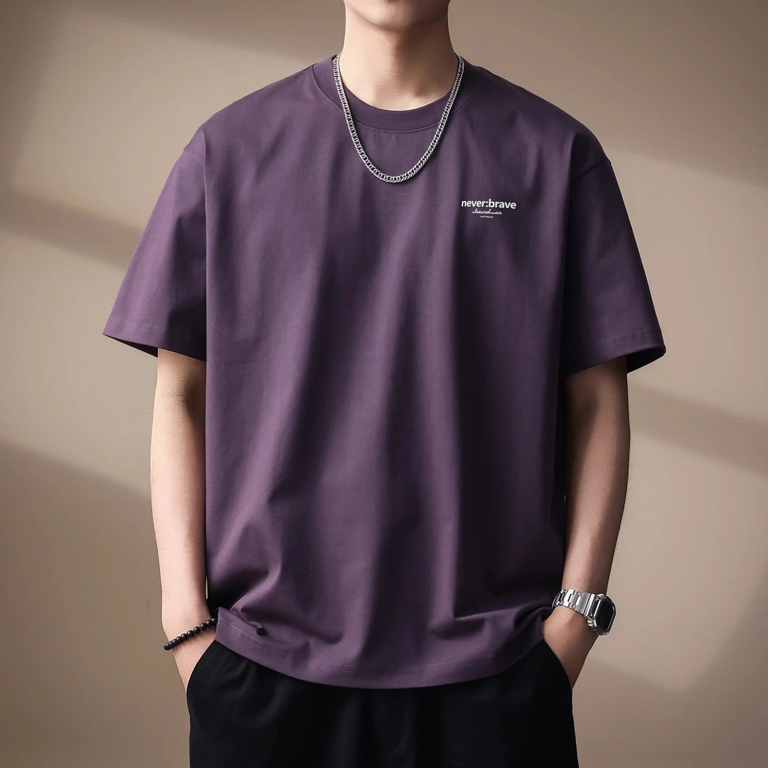 高端冰感薄款简约短袖T恤男士夏季潮牌美式复古印花宽松休闲上衣