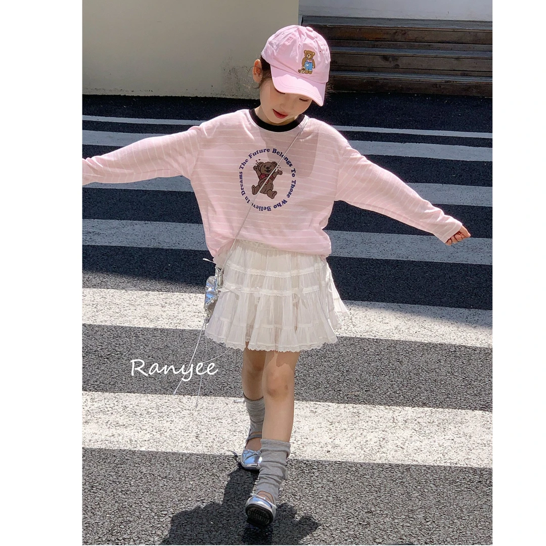 【天丝】夏季学院风卡通印花撞色长袖T恤小熊设计感上衣