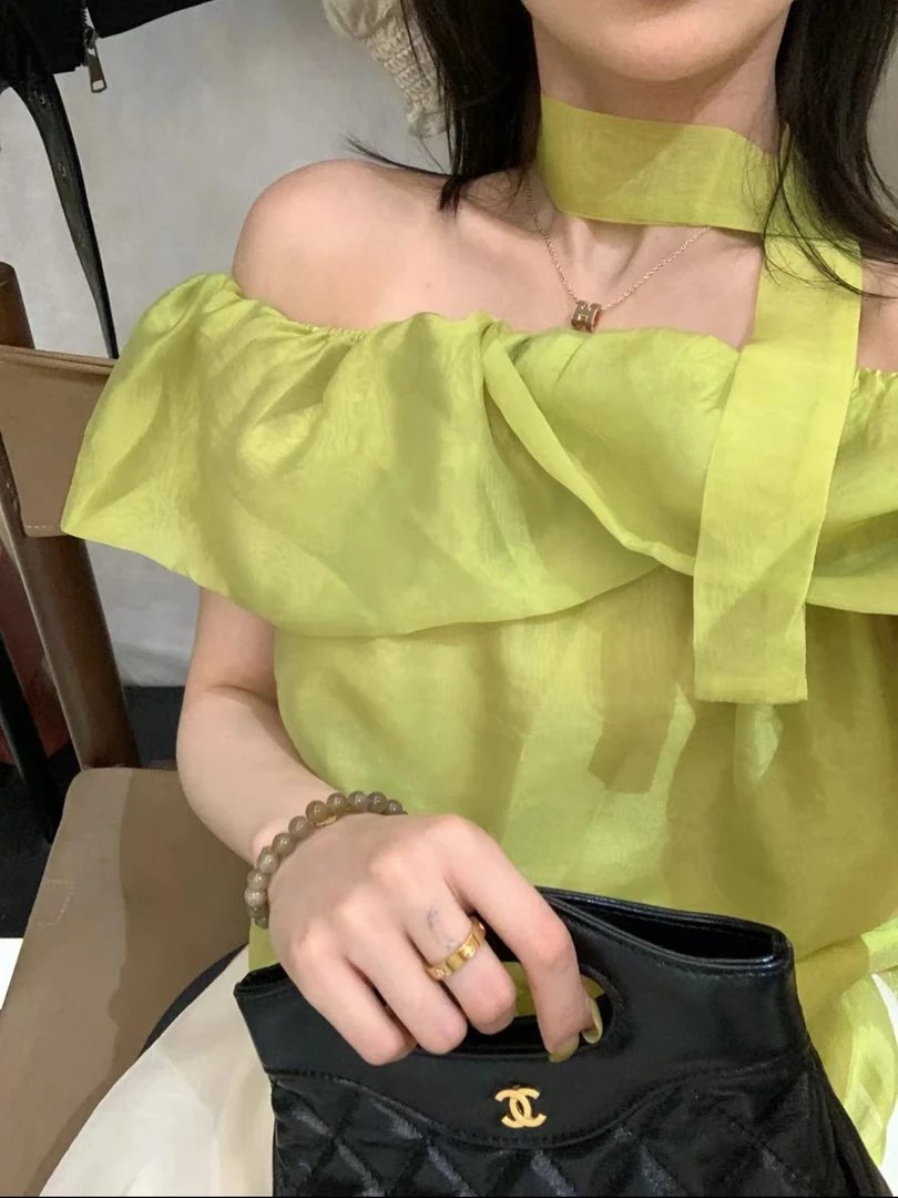 【Page Seven】一字肩欧根纱温柔法式短款上衣