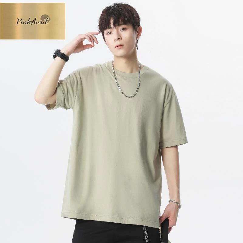 PinkAvril纯棉短袖男2025新款夏季薄款纯色上衣宽松圆领打底衫休
