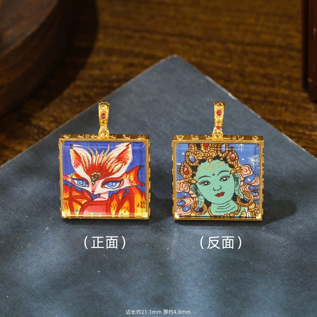 【专享】18k金自带万能扣双面手绘高阶宝石蓝镜面热贡唐卡金卡吊坠