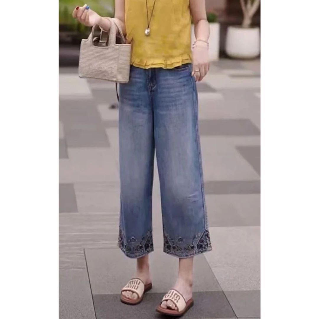 艾塔莉夏季薄款透气直筒裤女刺绣复古港风牛仔裤八分宽松直筒气质