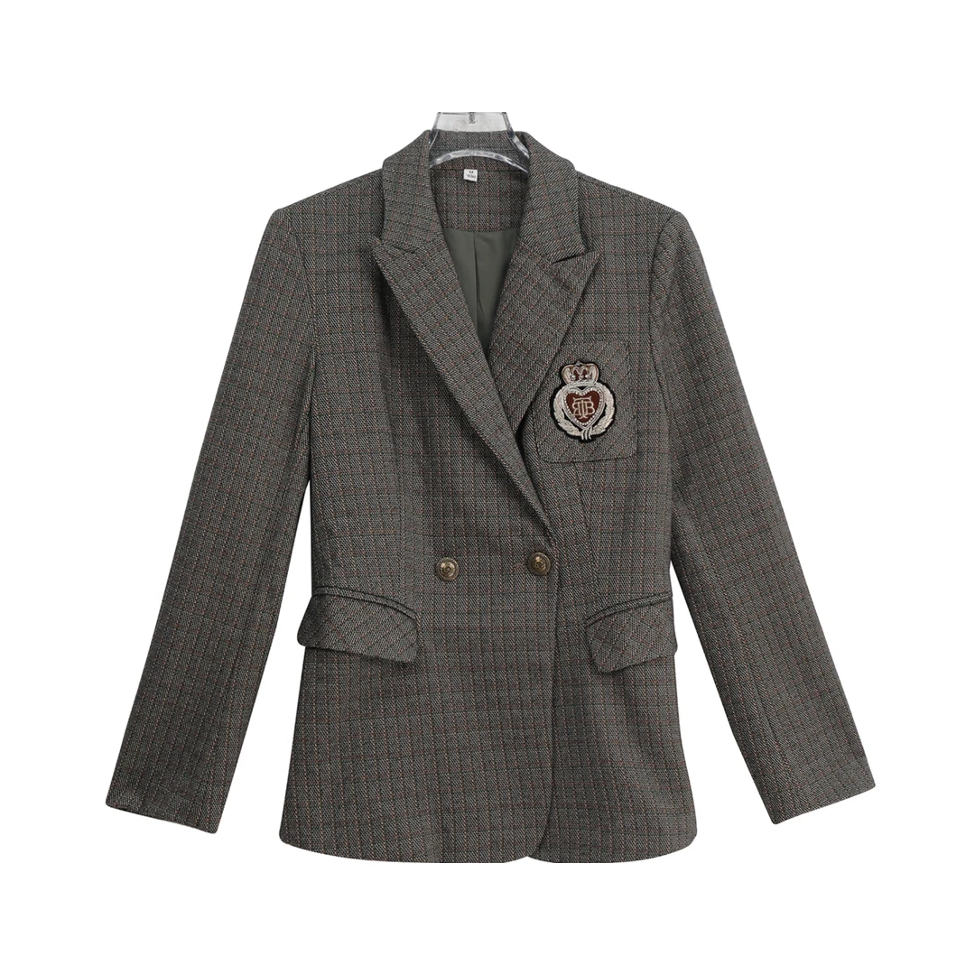 西装领修身格子时尚气质收腰高级感外套S3442