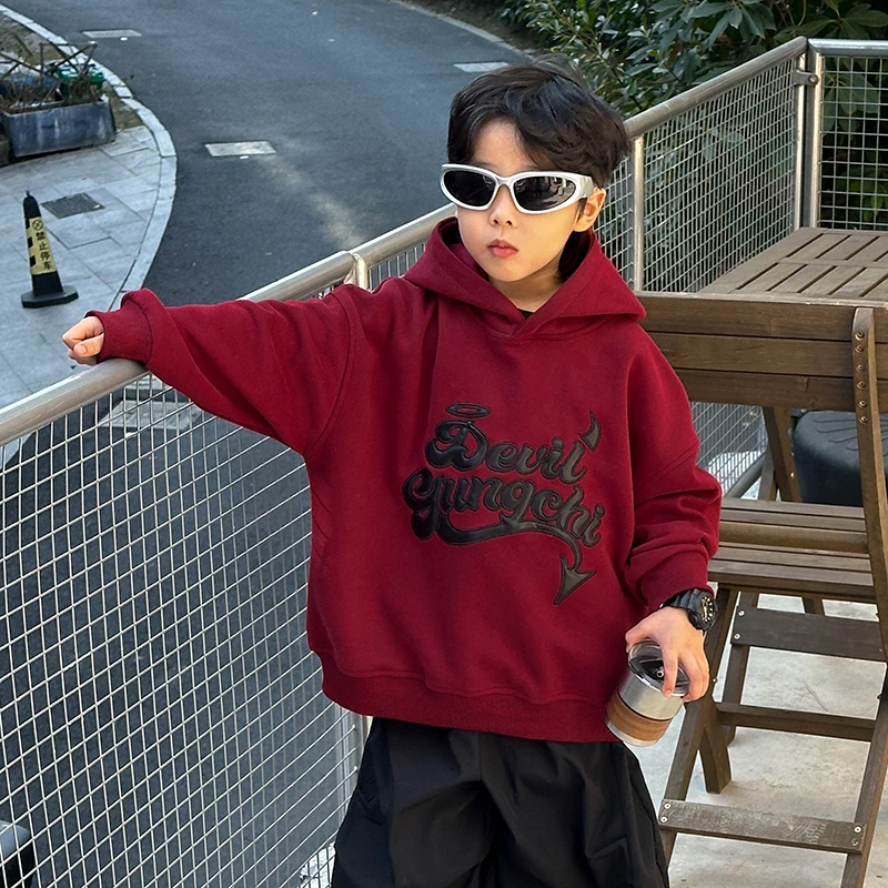 小小郑童装2025春秋装上衣红色酷帅小恶魔连帽帽衫韩版潮男童卫衣