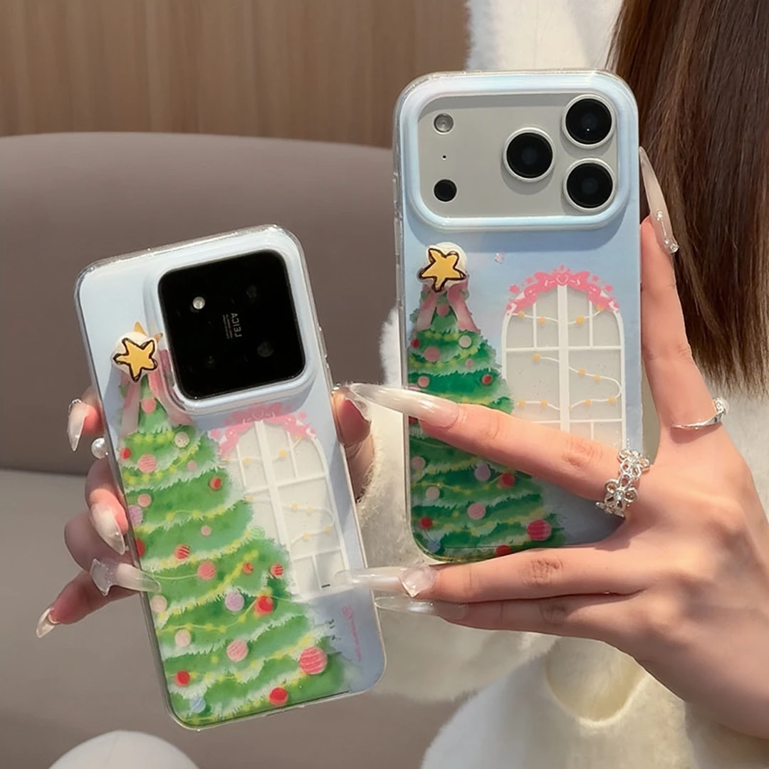 雅天立旋转星星圣诞树适用苹果17华为70手机壳vivoppo小米15闪粉