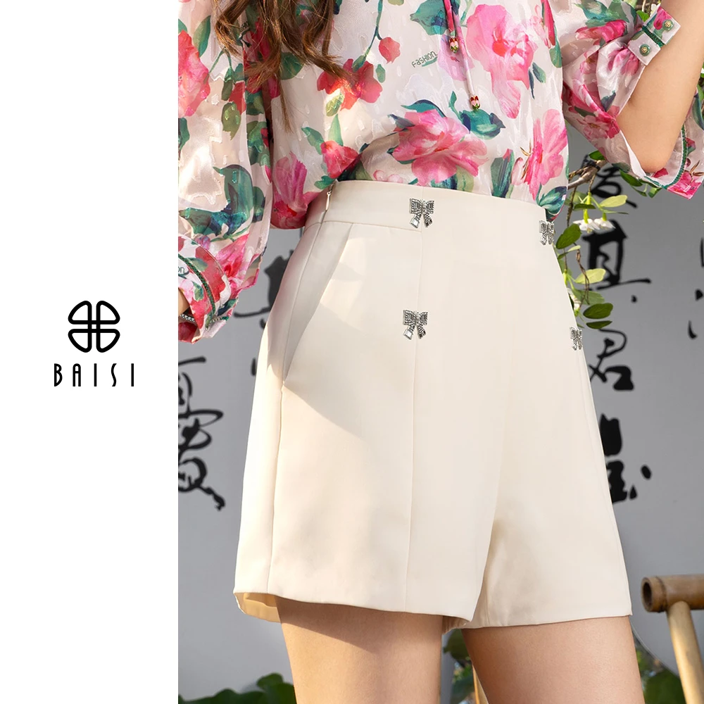 BAISI/百丝极简风设计师款定线钻石蝴蝶结纯色气质时尚阔腿短裤