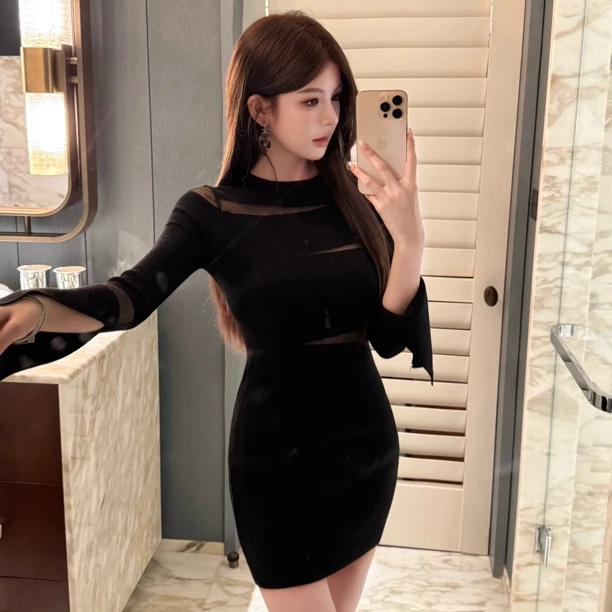 FAY【致浪漫】设计师款镂空欧根纱性感针织秋季收腰连衣裙约会裙子