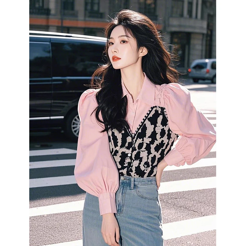 粉色碎花拼接假两件衬衫女春季今年流行爆款小衫超好看泡泡袖上衣