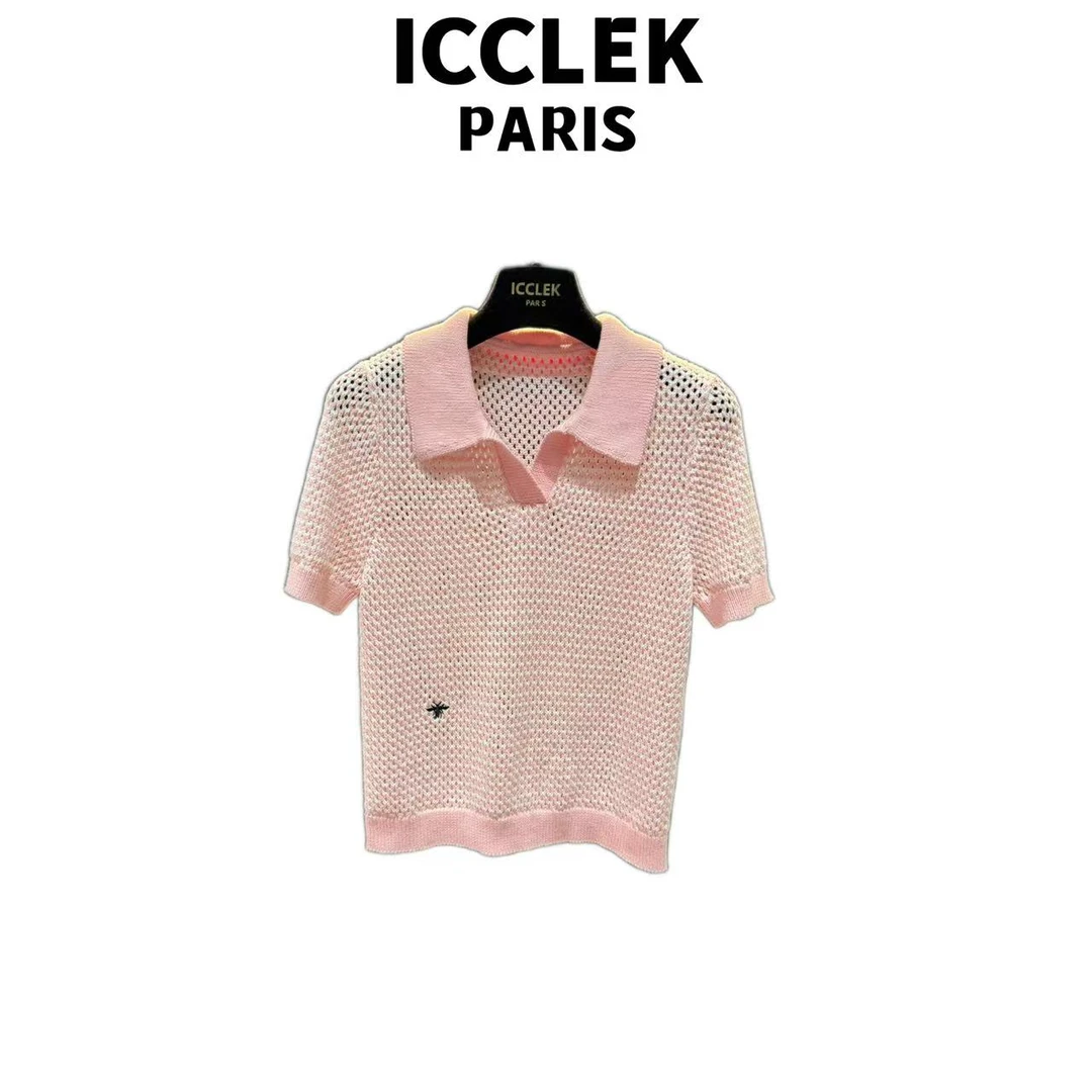 ICCLEK 粉色翻领针织镂空百搭时尚气质减龄T恤 -5784