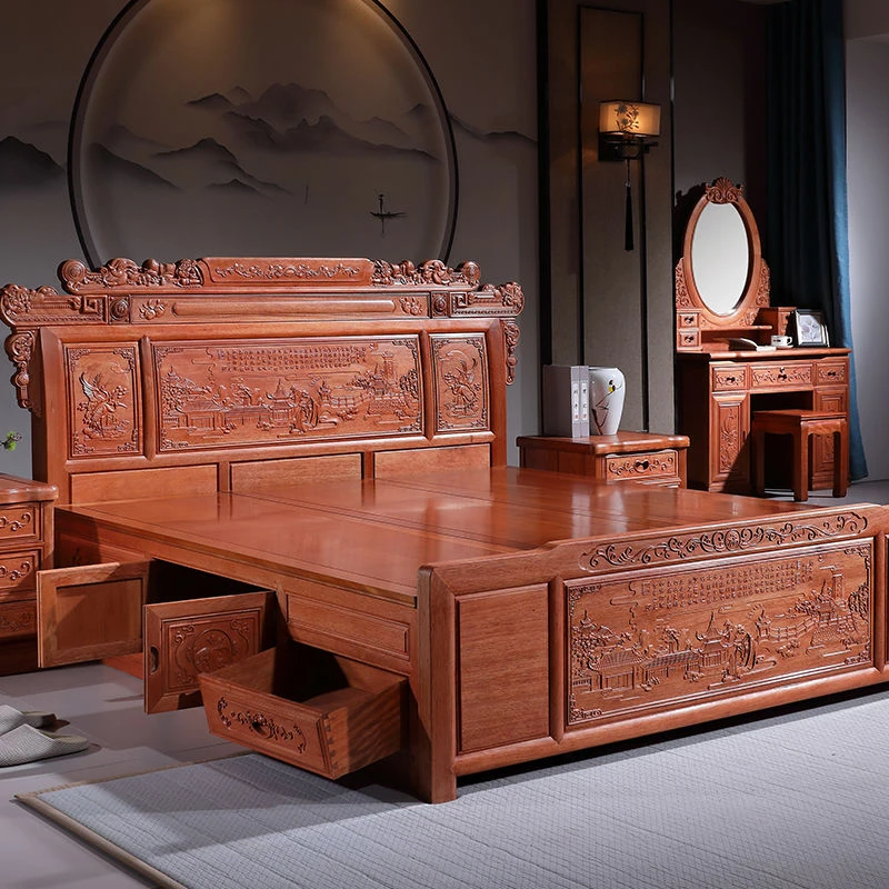 【4928人收藏】全实木床双人床1.8M红木中式家具明清古典金