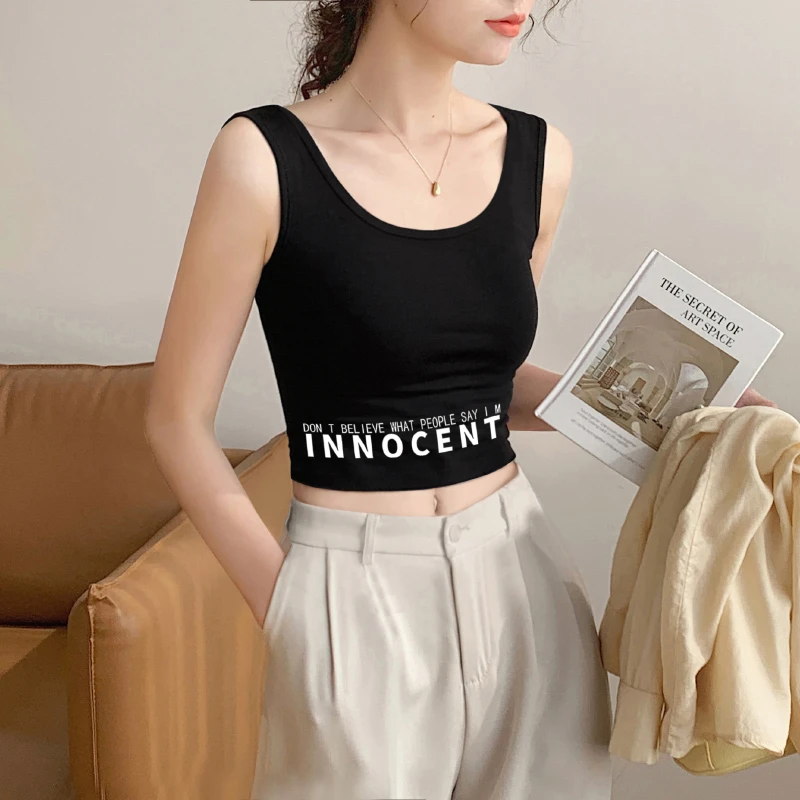 黑色小吊带背心女夏内搭2025新款遮副乳外穿打底短款露脐印花上衣