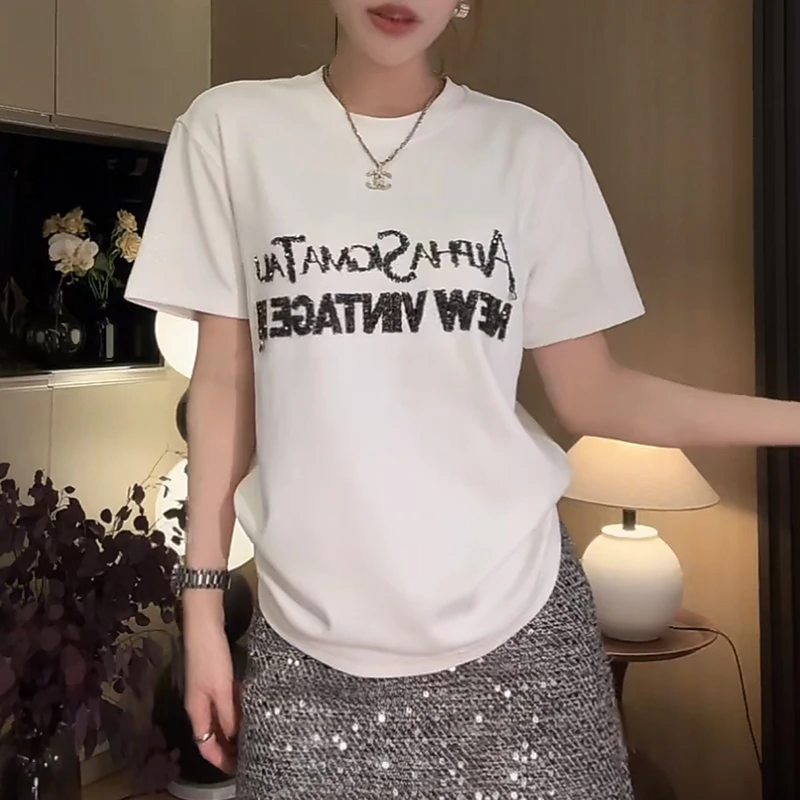 2025年春夏新款重工亮片字母设计感宽松高档短袖t恤时尚上衣女潮