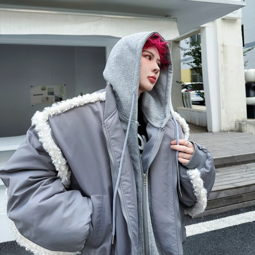 冬季复古小众撞色拼接假两件连帽加厚棉衣男设计感保暖短款棉服潮