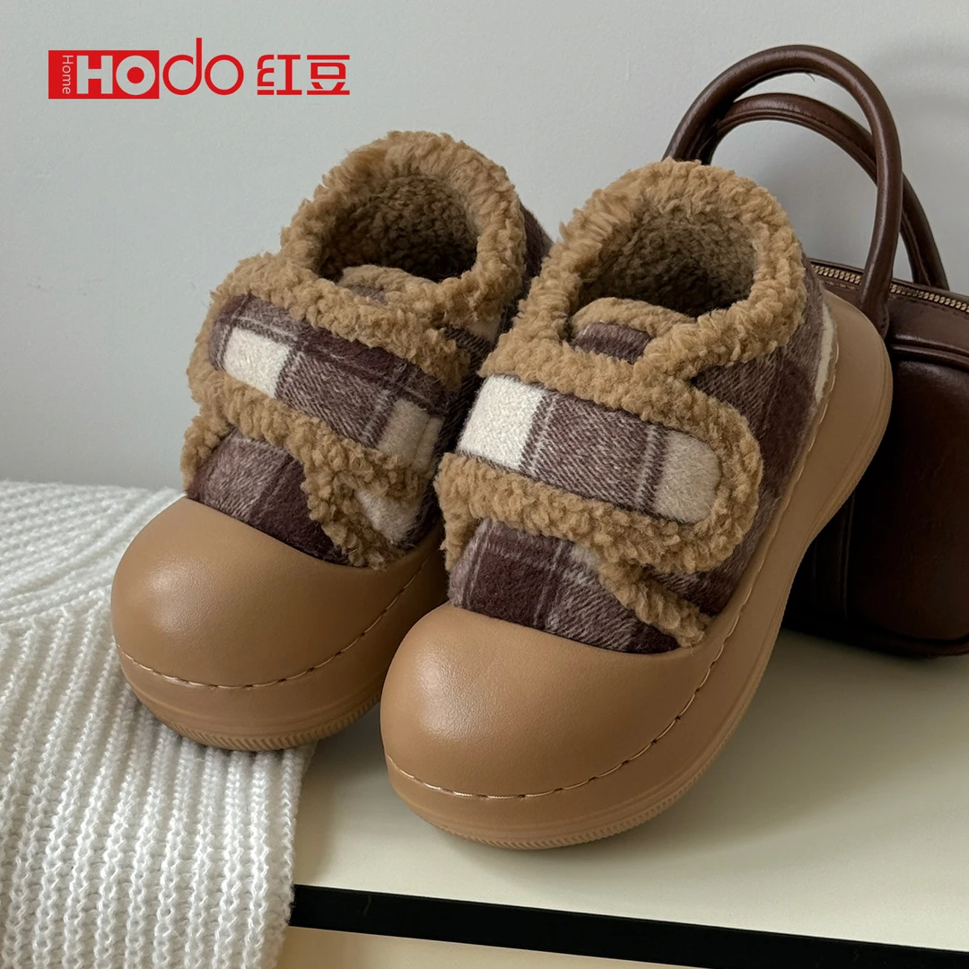 【红豆】复古撞色格子面包鞋棉鞋女款冬季ins防滑厚底魔术贴毛毛鞋