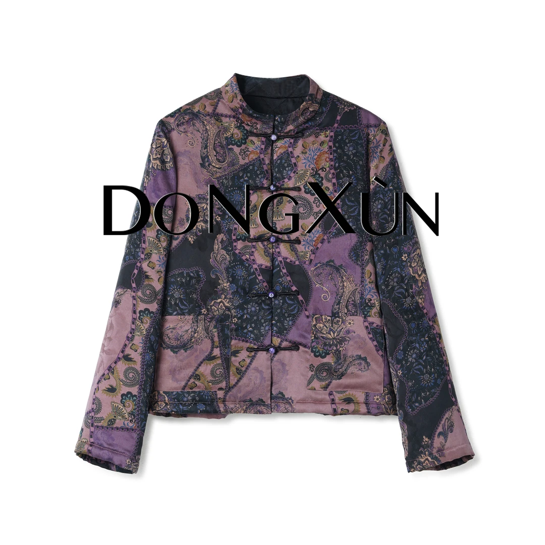 【紫烟】满分桑蚕丝香云纱拼色水貂百家花色盘扣羊绒服DX00028
