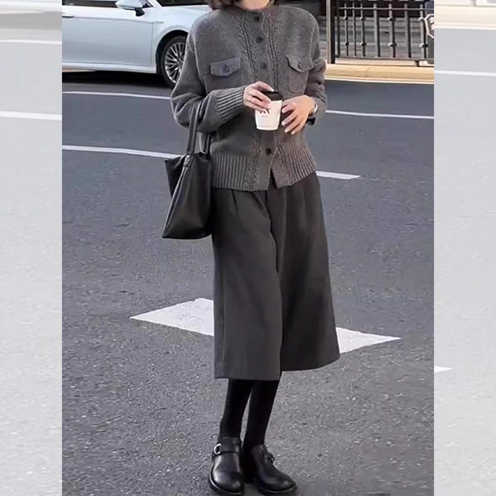 显瘦时尚百搭休闲裤子秋季新款胖MM大码女装加厚毛呢阔腿七分裤女