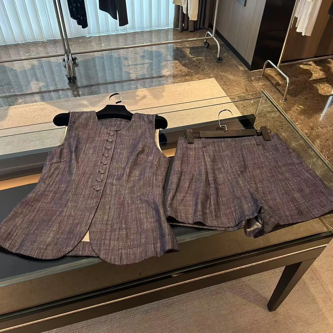复古原色深蓝色背心短裤套装
