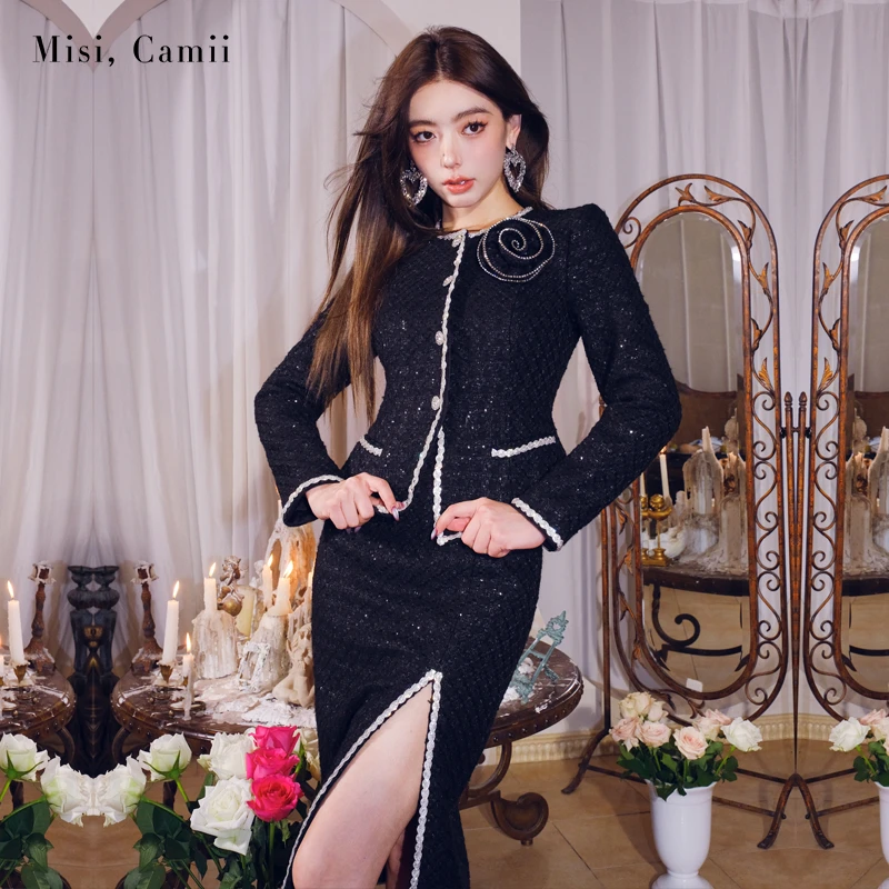 达人专属Misi,Camii秋冬新款时尚名媛气质珠片花呢侧开叉修身包臀