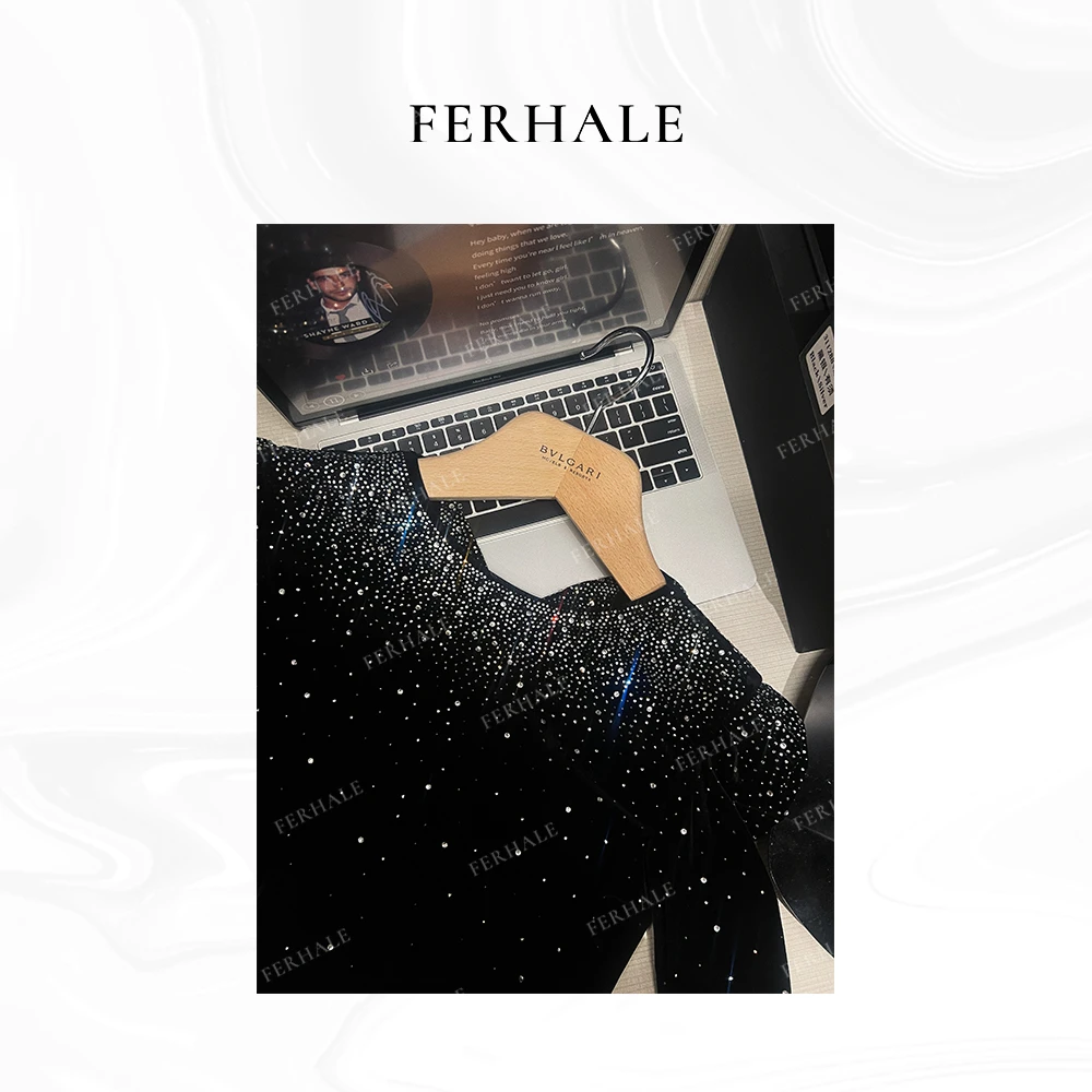 FERHALE高定系列 丝绒烫钻上衣女闪钻装饰复古泡泡袖气质长袖