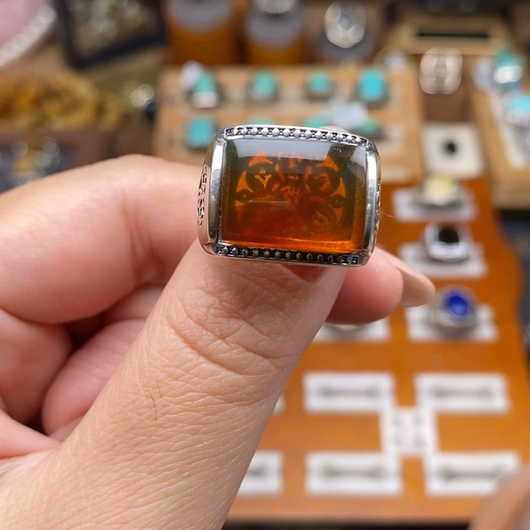 琥珀银S925镶嵌戒指琥珀