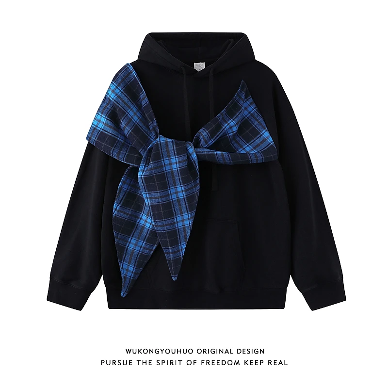 悟空有货美式学院风蝴蝶结格子连帽卫衣男女潮牌宽松百搭情侣帽衫