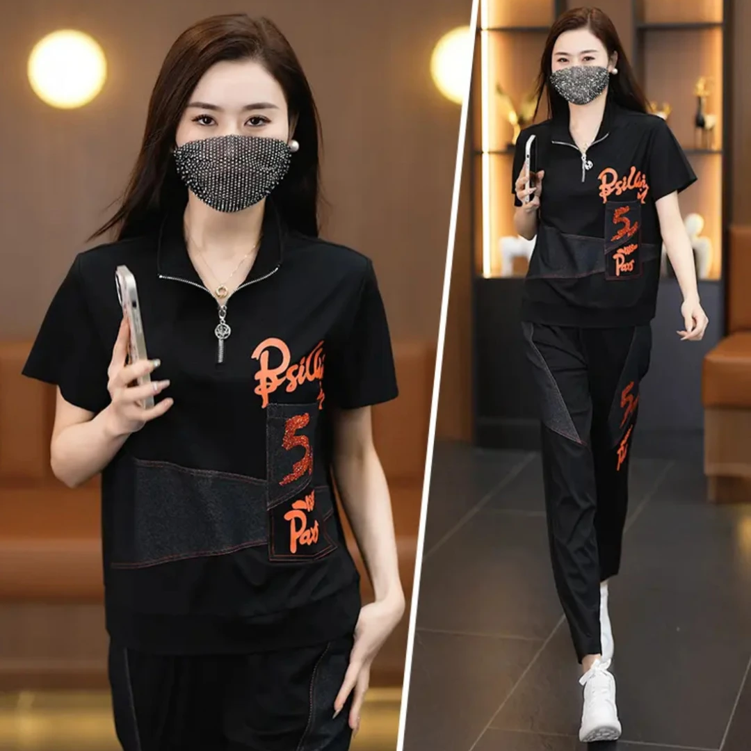 拼接设计感立领印花宽松运动套装女两件套时尚直筒卫衣休闲服8033