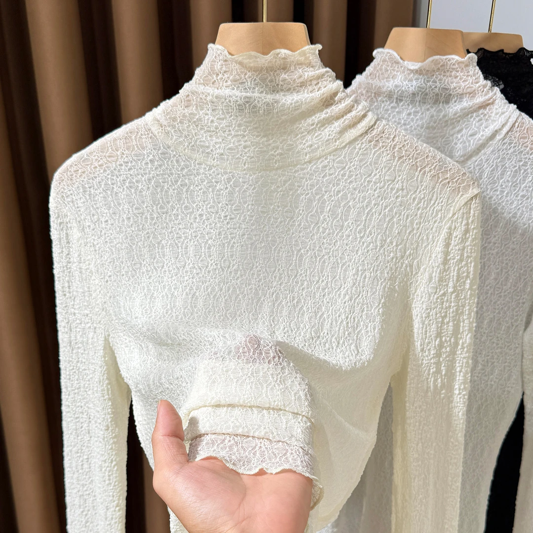 秋冬堆堆高领蕾丝打底衫女2025年新款木耳边内搭长袖修身叠穿上衣