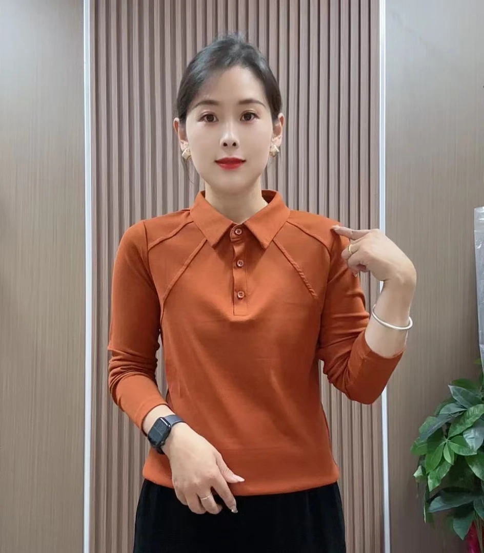 2025新款女士翻领早秋简约通勤长袖T恤显瘦减龄打底衫