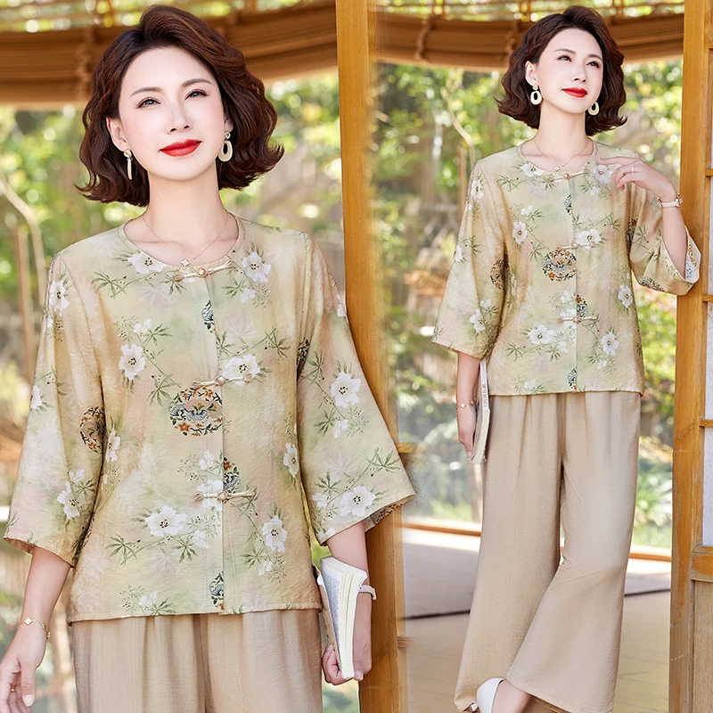 2025新中式妈妈春装国风衬衫两件套时尚洋气中老年女春夏休闲套装