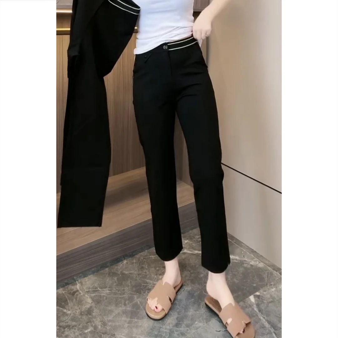 高弹力烟管裤裤脚开叉铅笔裤女夏季新款九分裤薄款黑色百搭直筒裤