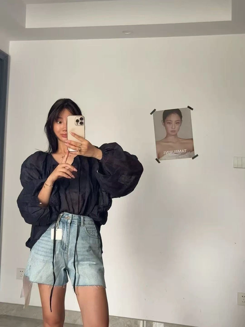 模特自留款 宽松慵懒松弛感灯笼袖藏蓝色衬衫