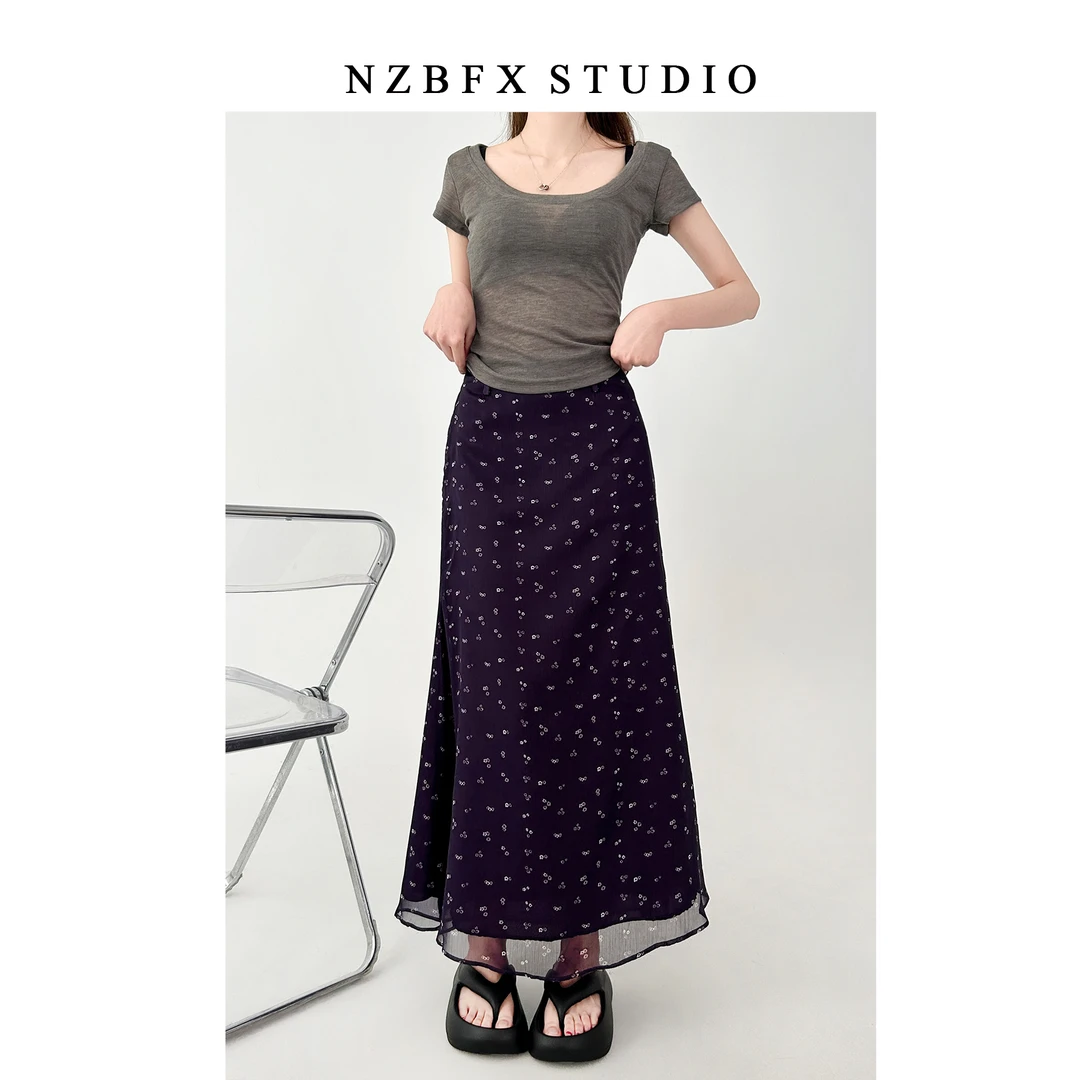 紫色碎花半身裙女夏季大码胖mm显瘦韩系中长款微胖鱼尾长裙子9170