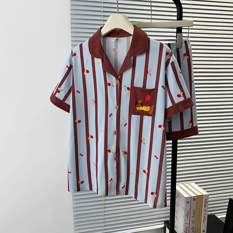 College Chic【樱桃狗狗】睡衣女春夏季大码宽松开衫女士外穿家居