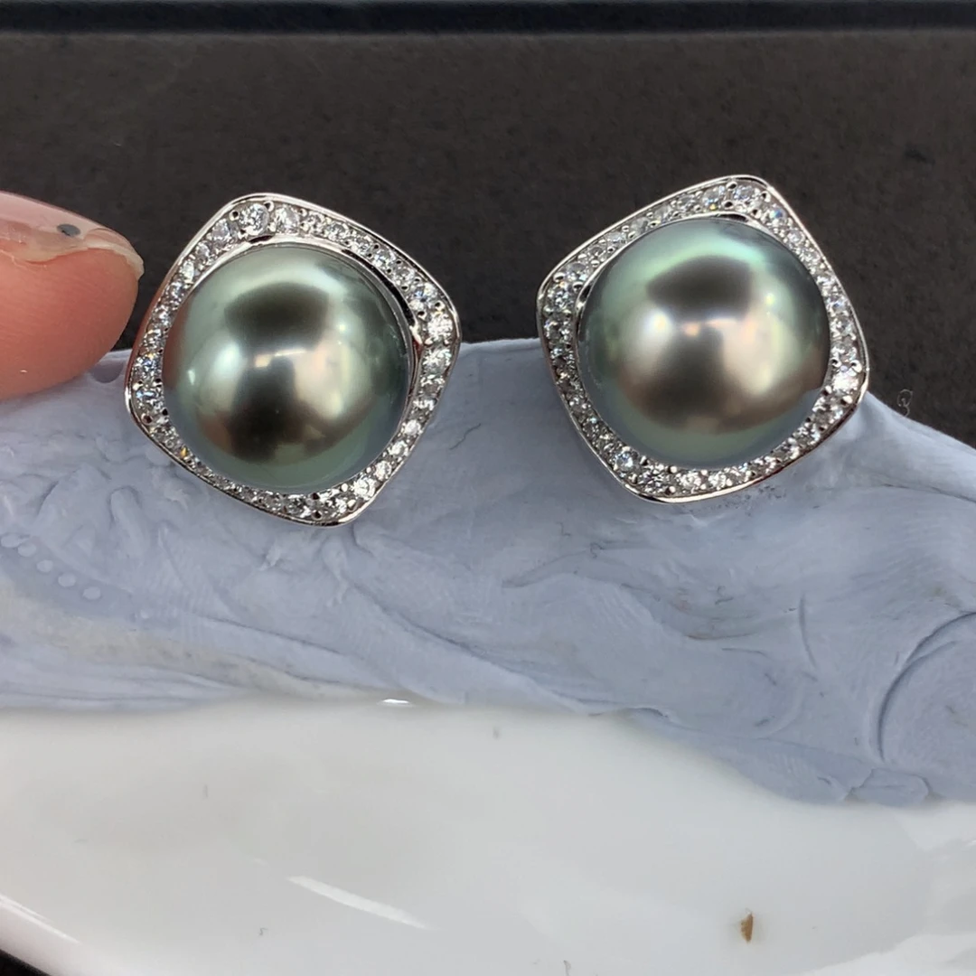 定制海水珍珠银S925镶嵌耳饰11.5mm大溪地面珠两颗