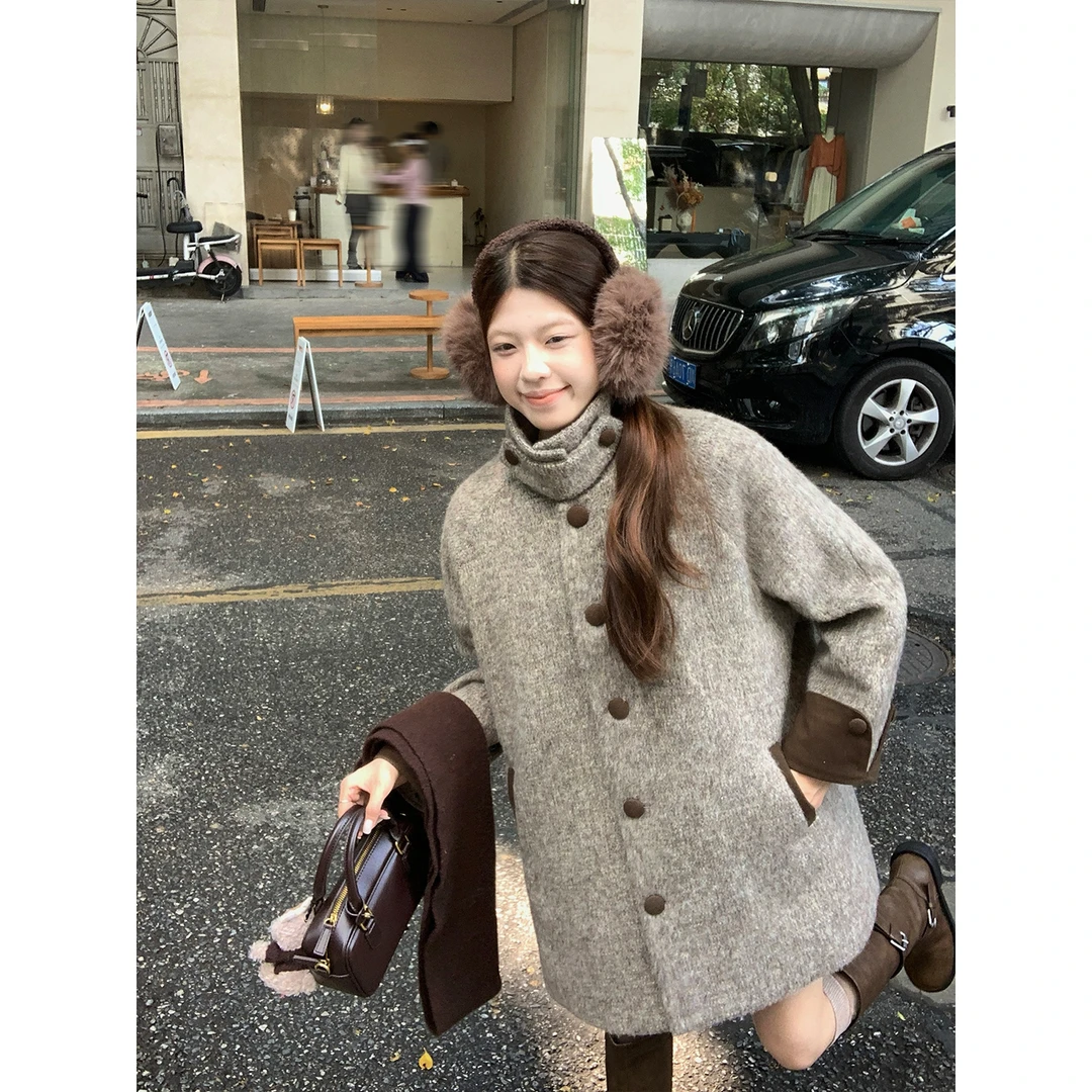 乌77复古温柔风立领毛呢大衣女秋2025新款高级感慵懒宽松百搭外套