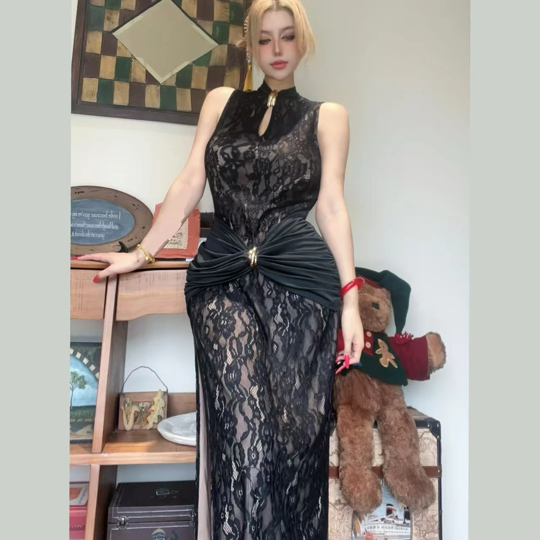 【楼兰烟雨】性感辣妹蕾丝镂空包臀女夏纯欲新中式高开叉旗袍裙子