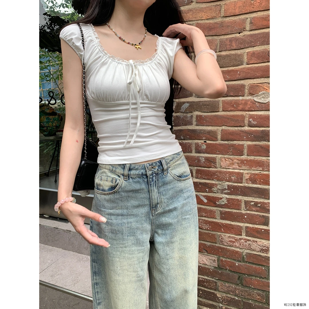 夏季韩系流行纯欲风方领蕾丝花边褶皱系带创意感短袖T恤上衣潮牌