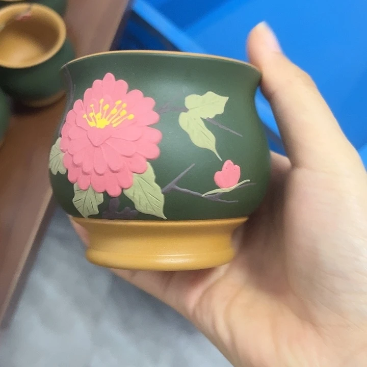 茶壶紫砂宜兴紫砂杯 主人杯 粉浆堆绘