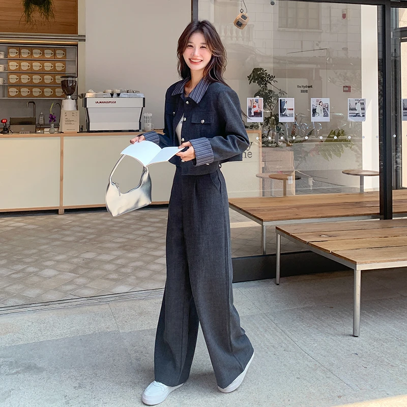 时尚套装女2024秋季新款休闲深灰色条纹拼接小香风外套裤子两件套