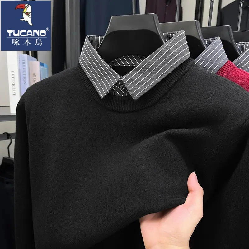 啄木鸟【含羊毛】男士秋季条纹翻领假两件时尚秋冬长袖针织打底衫