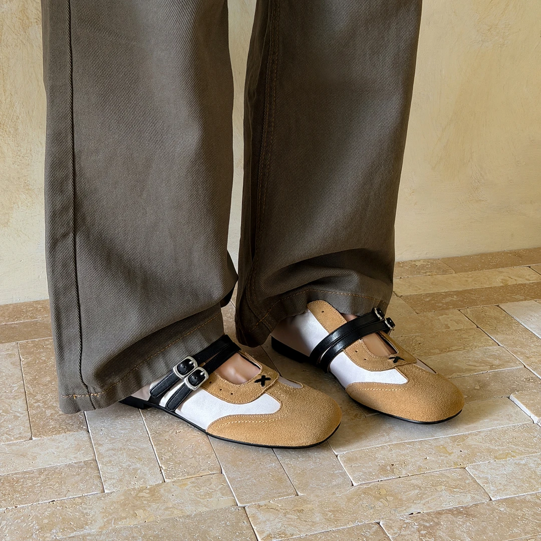 手工制作3.5cm~小众品牌拼色芭蕾风德训鞋女平底玛丽珍鞋休闲单鞋