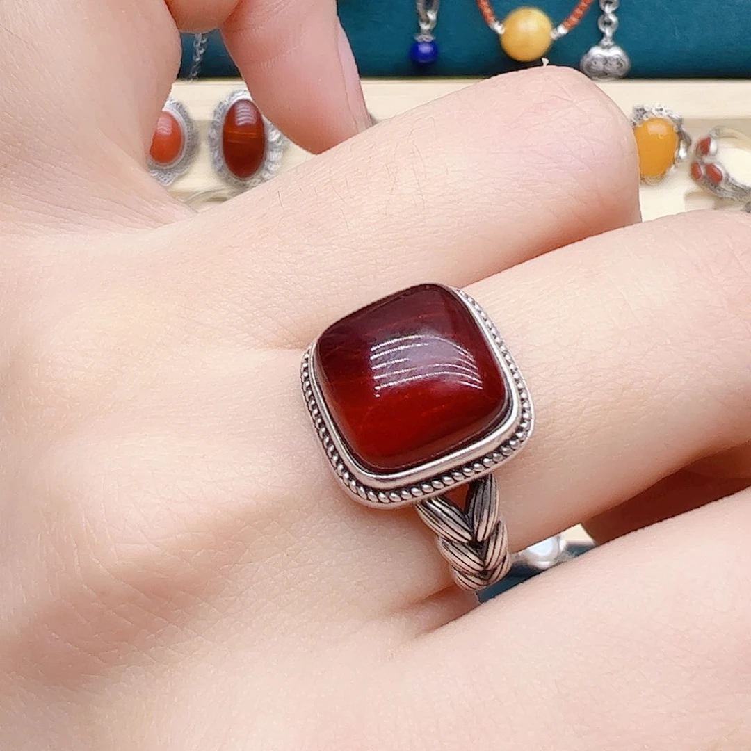 血珀戒指银S925镶嵌天然