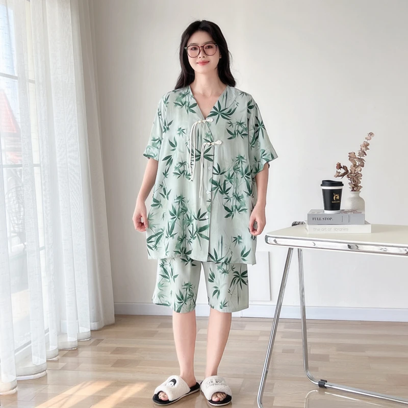 新中式薄款开衫棉绸大码胖mm睡衣女夏季短袖七分裤国风家居服套装