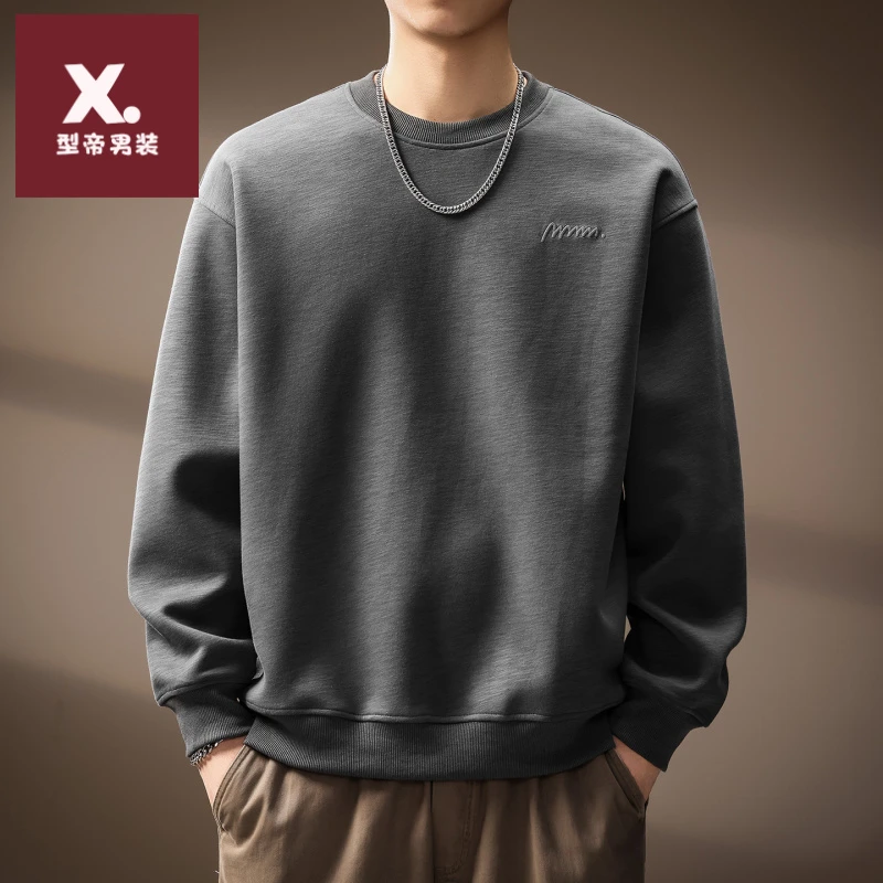 高端美式重磅圆领竹节纹理卫衣男士2025秋季新款潮流宽松简约上衣