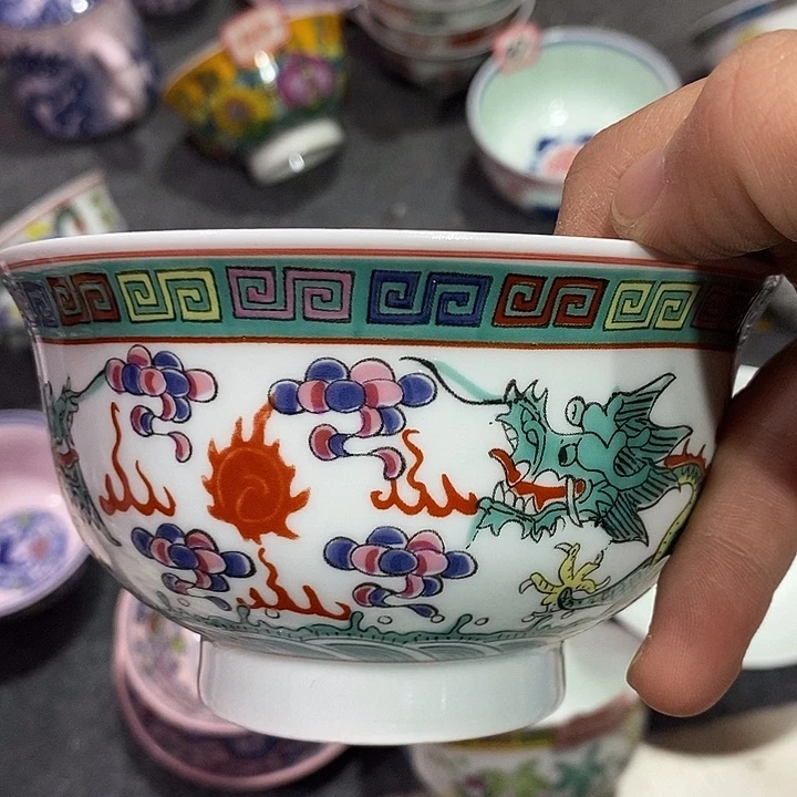 摆件陶绿稀土双龙戏珠5寸碗 137